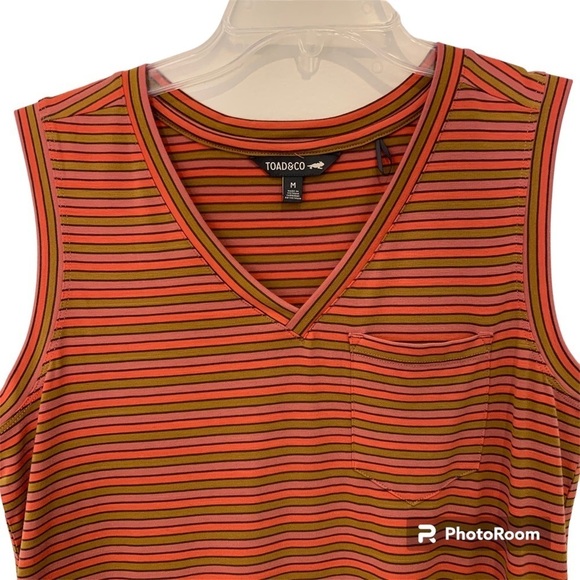 Toad & Co Swifty Tank Dress w pockets in coral, pink, green stripe.‎ Size Medium - Picture 3 of 10